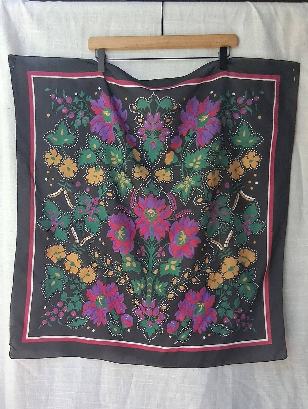 Vintage Gorgeous Floral Print Over Black Square Scarf